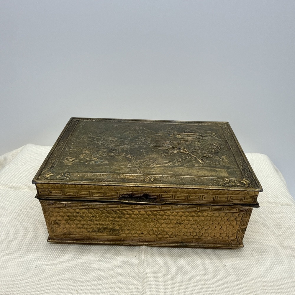 Ornate Embossed Vintage Brass Jewelry Trinket Box Storage 5x3x2" Granny Core